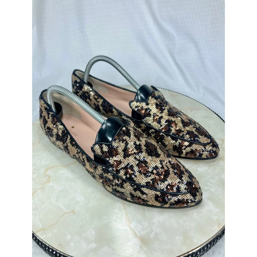 Kate Spade Sequin Leopard Print Loafers Womens 9.5 Gold Black Evening Party Flat